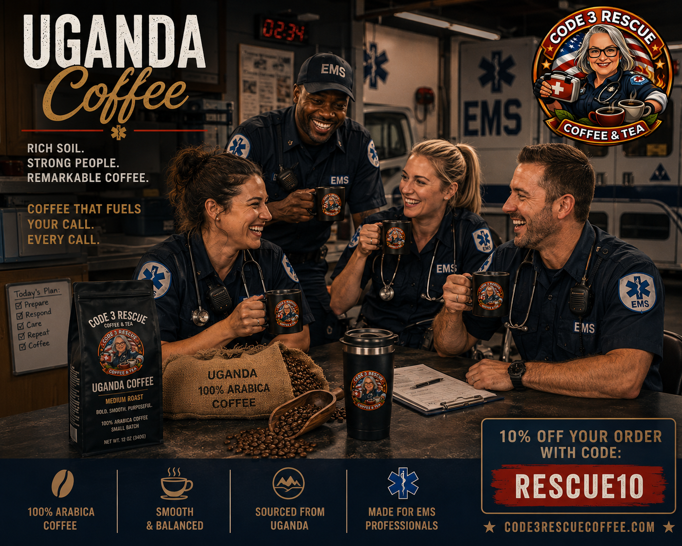 Code 3 Rescue Coffee Uganda flavor in a package, featuring branding and colorful label design for this coffee and tea product.