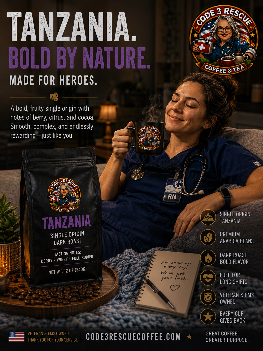 Map of Tanzania featuring the country's outline and flag, showcasing Code 3 Rescue Coffee and Tea's Tanzanian coffee product.