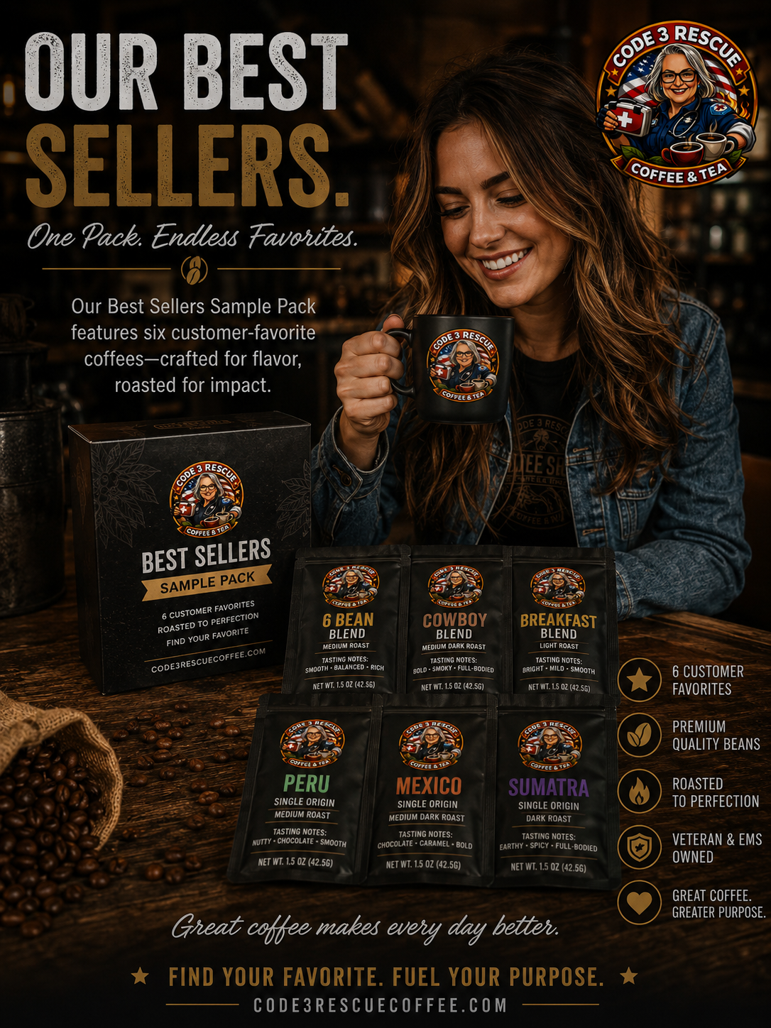 Six varieties of coffee beans in the Best Sellers Sample Pack by Code 3 Rescue Coffee and Tea, including Cowboy, Breakfast, Peru, Mexico, and Bali.