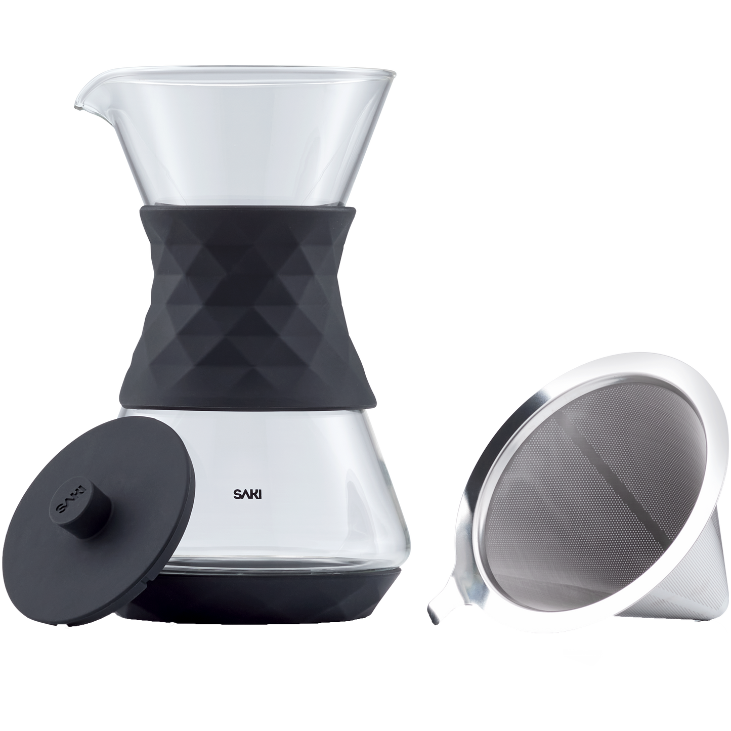 Clear glass pour-over coffee maker by SAKI with a stainless steel filter and wooden handle for fresh brewed coffee.