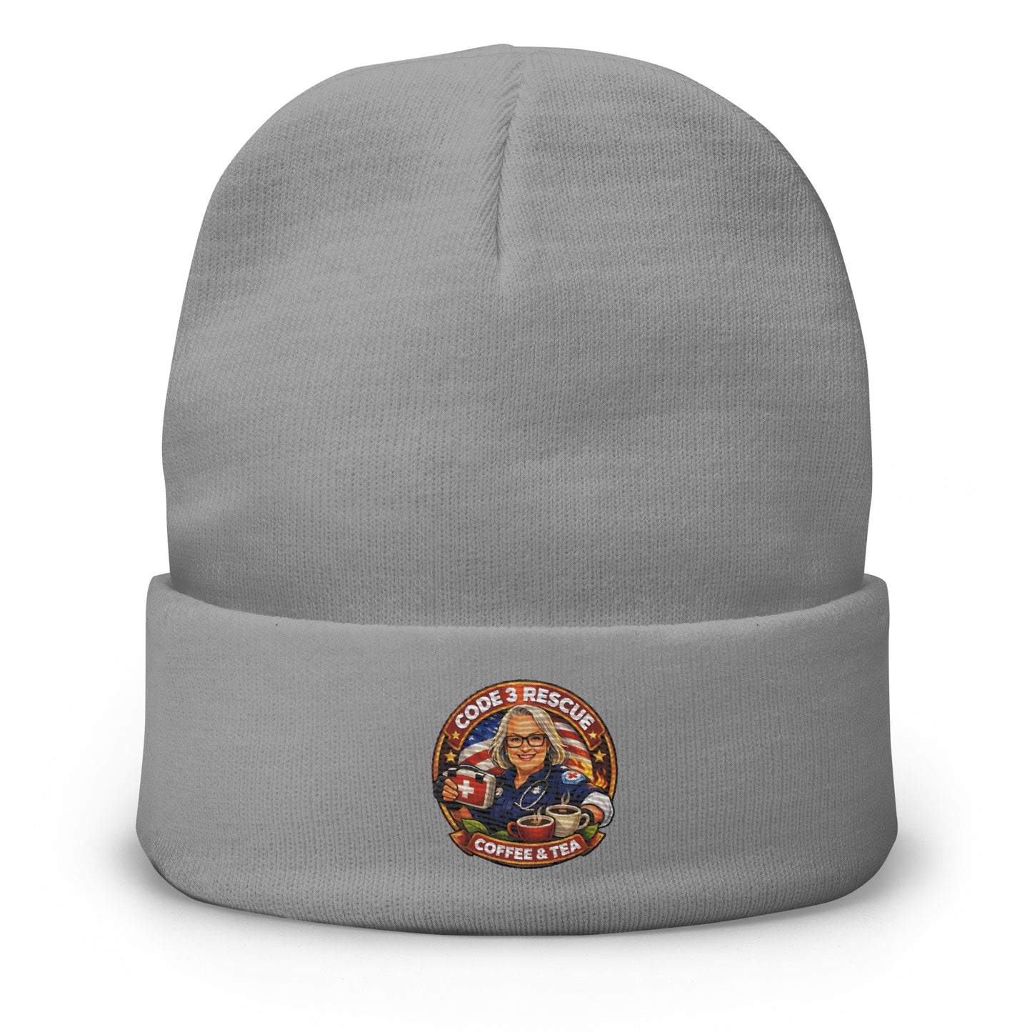 Black embroidered beanie with "Code 3 Rescue" logo embroidery, made of warm knit fabric by Code 3 Rescue Coffee and Tea.