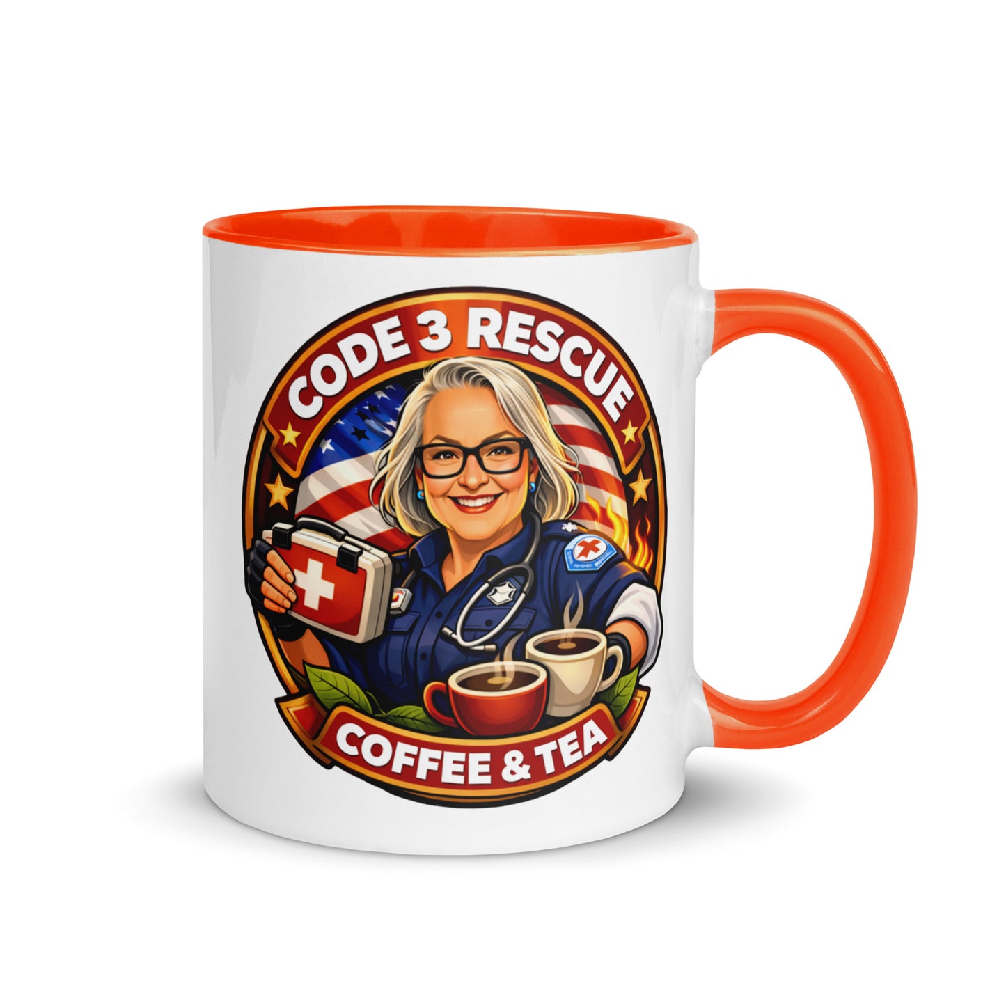 Code 3 Rescue Coffee and Tea mug featuring a colorful interior, shown from the side highlighting the vibrant orange inside.