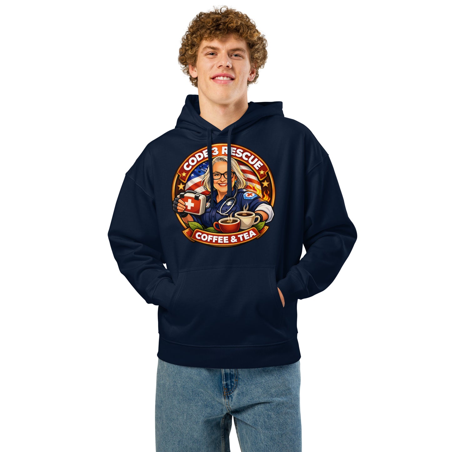Unisex organic relaxed hoodie by Code 3 Rescue Coffee and Tea, casual fit, front view, comfortable and eco-friendly clothing option.