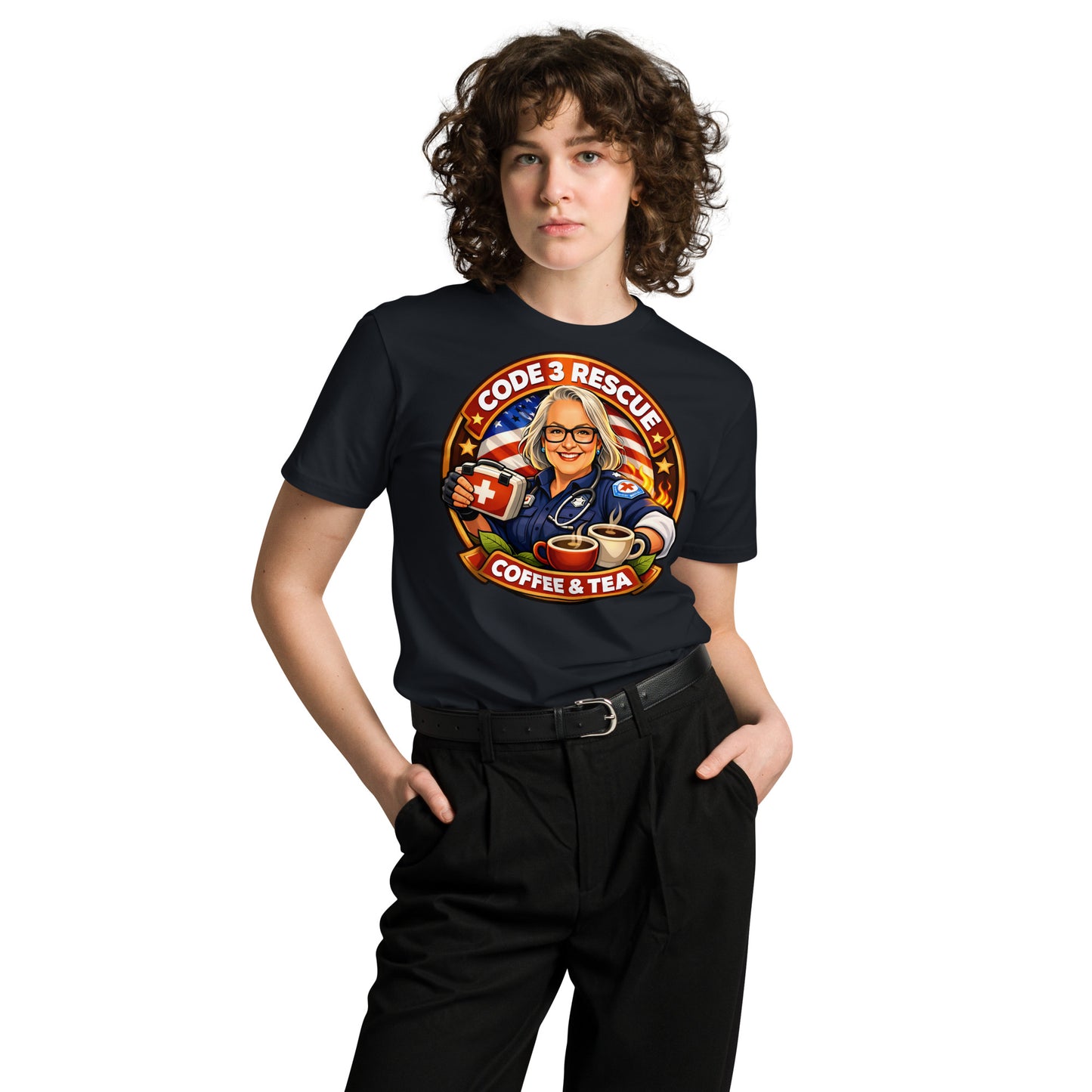 Black unisex premium T-shirt from Code 3 Rescue Coffee and Tea with a comfortable fit and printed logo design.