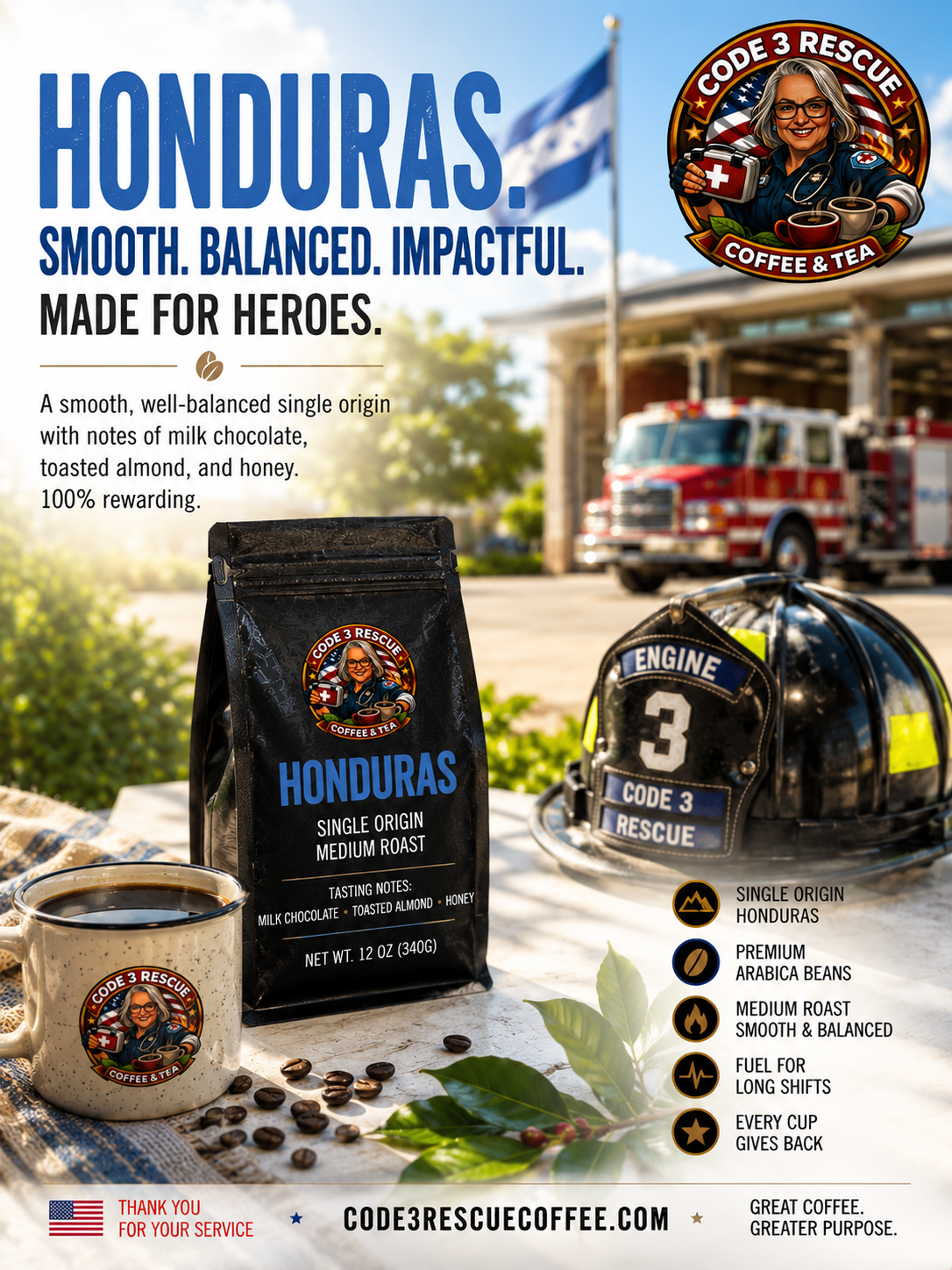 Honduras coffee bag from Code 3 Rescue Coffee and Tea featuring a colorful origin label and roasted coffee beans.