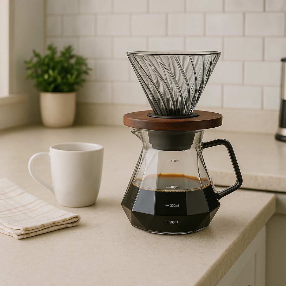 Glass pour over set for drip coffee brewing by Green to Mean Coffee, featuring a glass carafe and coffee dripper for fresh brewing.