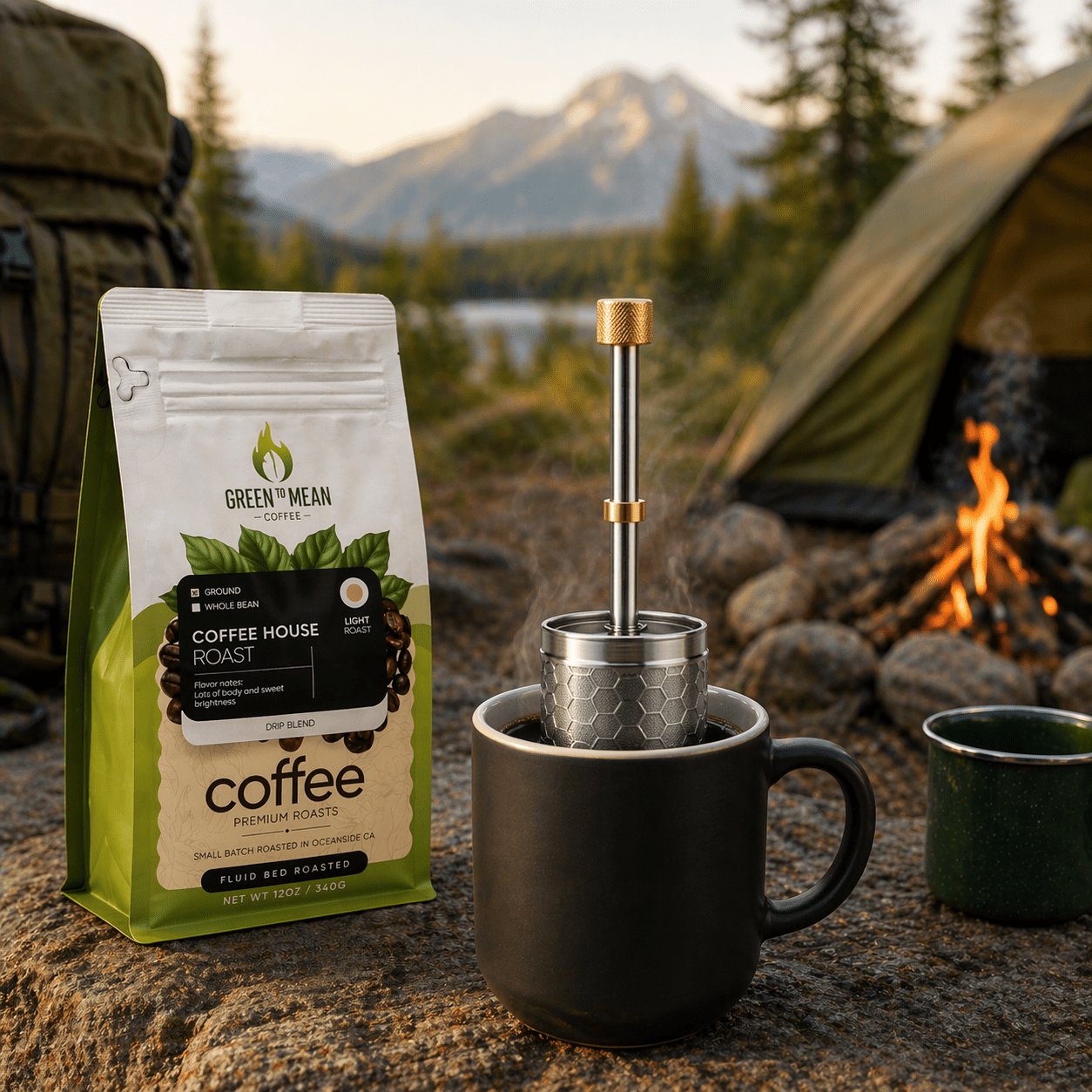 Green to Mean Coffee portable immersion coffee maker with stainless steel brewing chamber and compact design for easy brewing on the go.