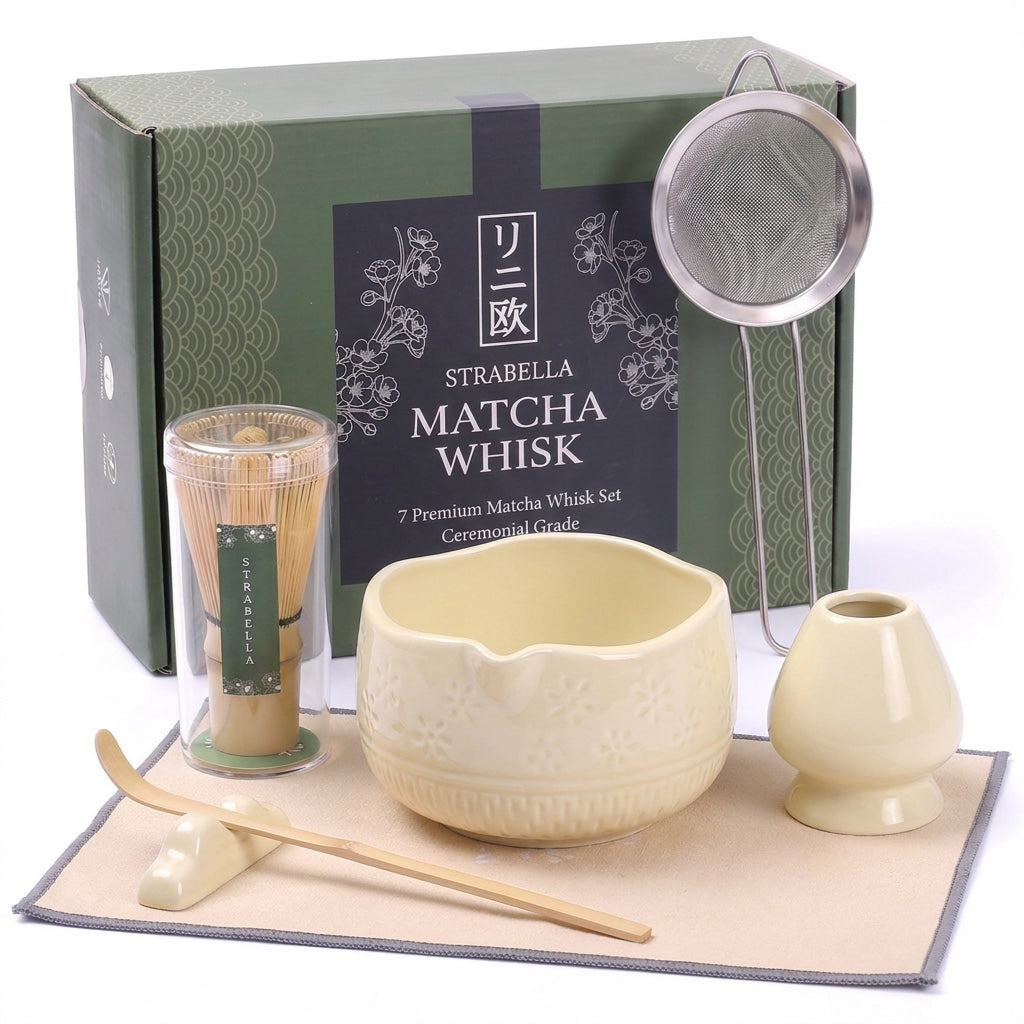 Strabella Matcha Whisk Set with a bamboo whisk and ceramic bowl in butter yellow, ideal for preparing matcha tea.
