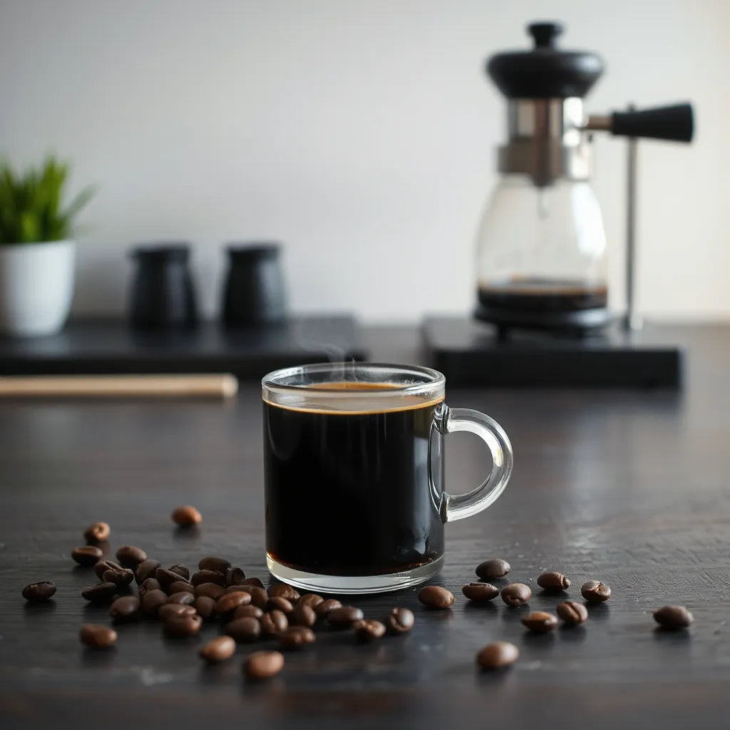 Steaming cup of black coffee with scattered coffee beans on a wooden counter