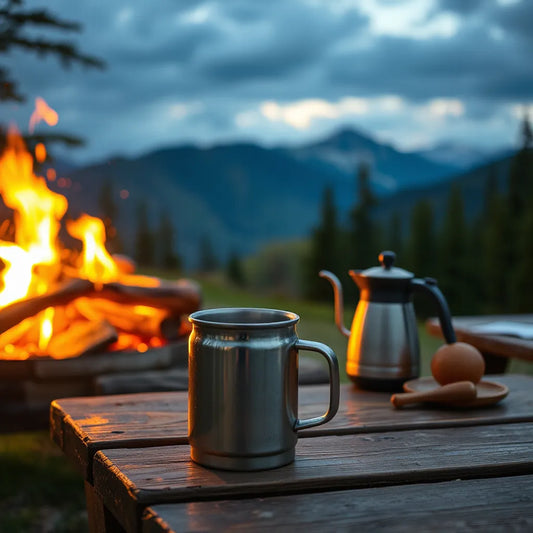 Stainless camping mug on a wooden table near a campfire with kettle and blurred forest background