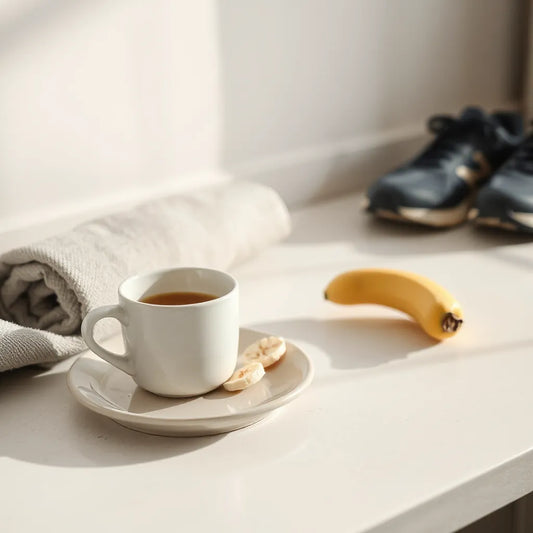 Warm cup of coffee on a counter with a post-workout snack and a towel in soft focus