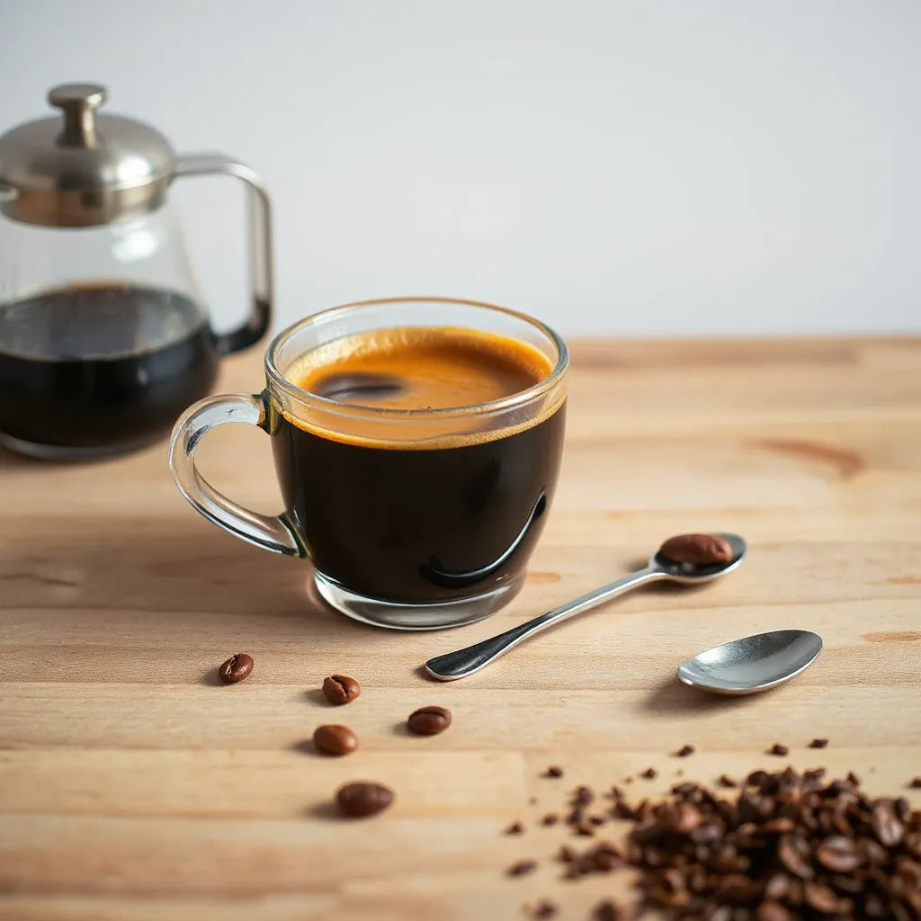 Dark roast coffee cup with crema, coffee grounds, and a pour-over dripper on a wooden surface
