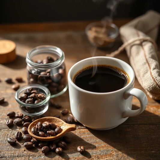 Dark high-caffeine coffee in a ceramic mug with coffee beans and grounds on a wooden surface