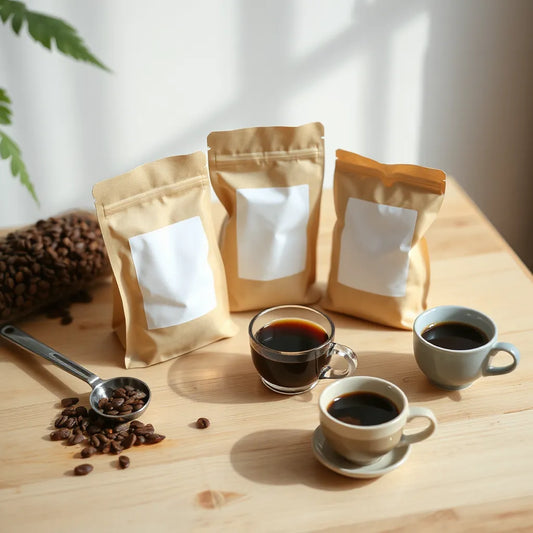 Assorted cups of freshly brewed coffee samples arranged on a wooden table for roast comparison