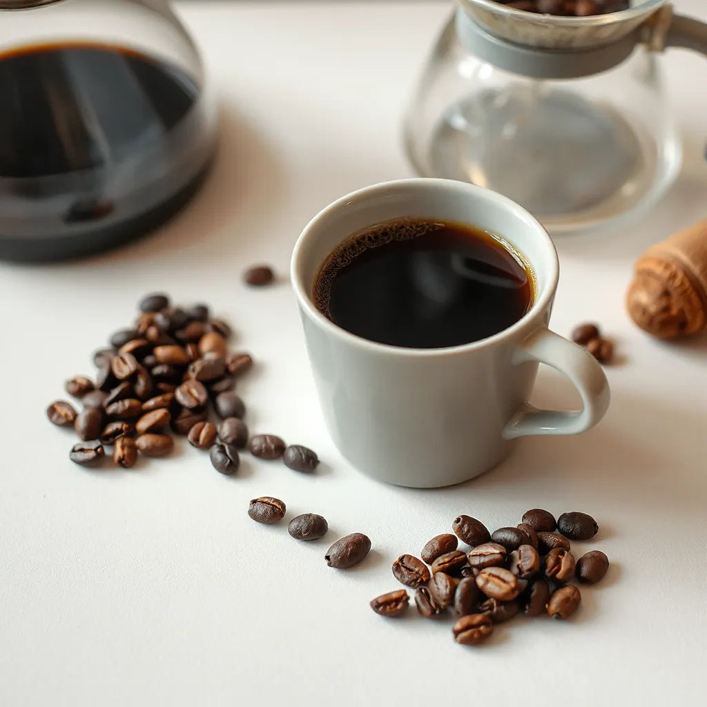 A dark roast coffee cup with dark beans and a dripper on a neutral background