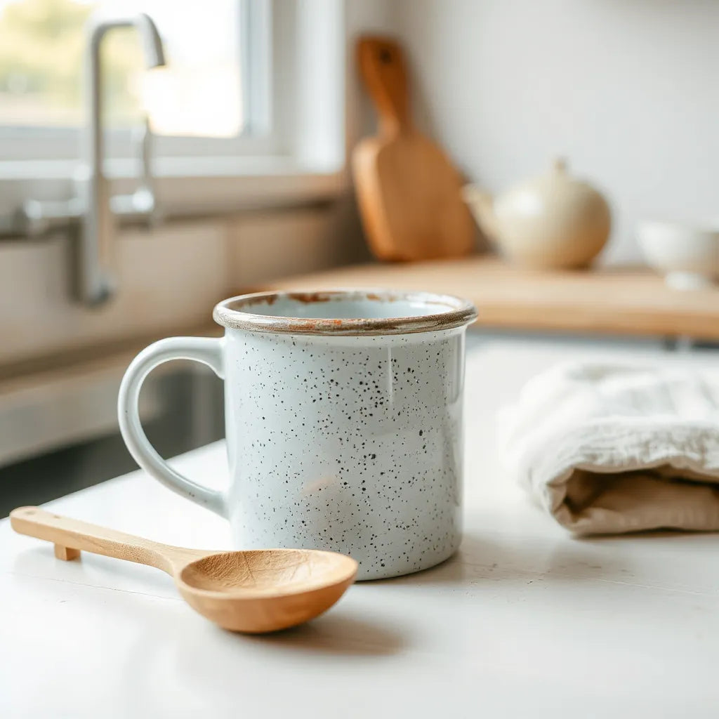 Speckled enamel mug with soft natural light and minimal kitchen background