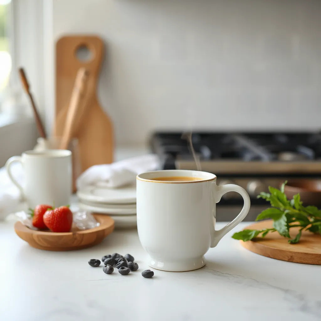 Single ceramic coffee mug filled with warm coffee on a bright countertop