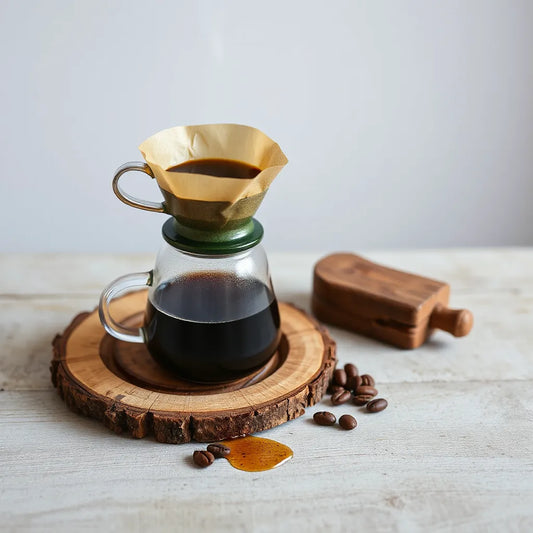 Cup of dark coffee beside a whiskey barrel stave and coffee beans with warm steam