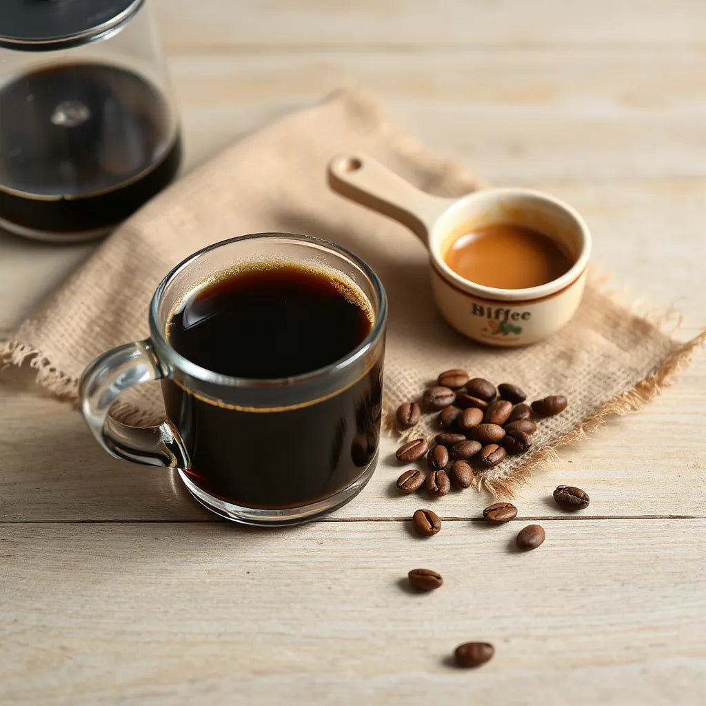 Cup of freshly brewed dark coffee with coffee beans and a wooden scoop on a wooden table