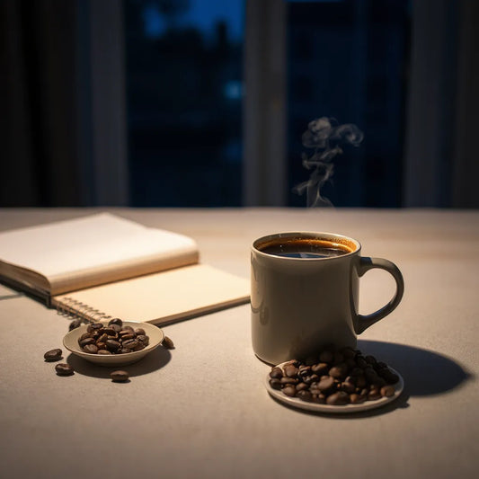 Steaming mug of dark coffee on a desk in low light for night shift focus