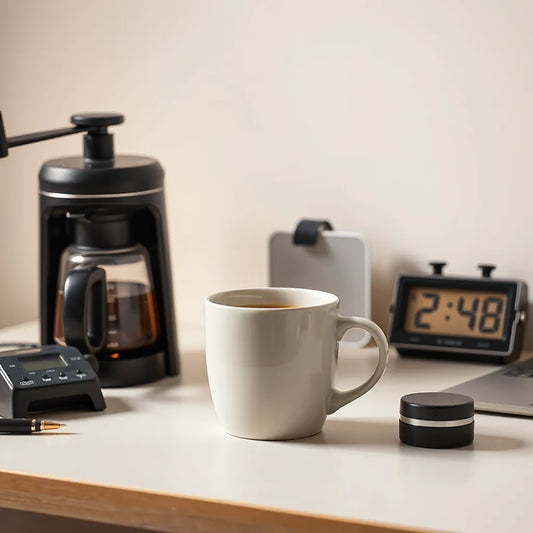 A steaming cup of coffee on a desk with a grinder and timer in warm light for long work shifts