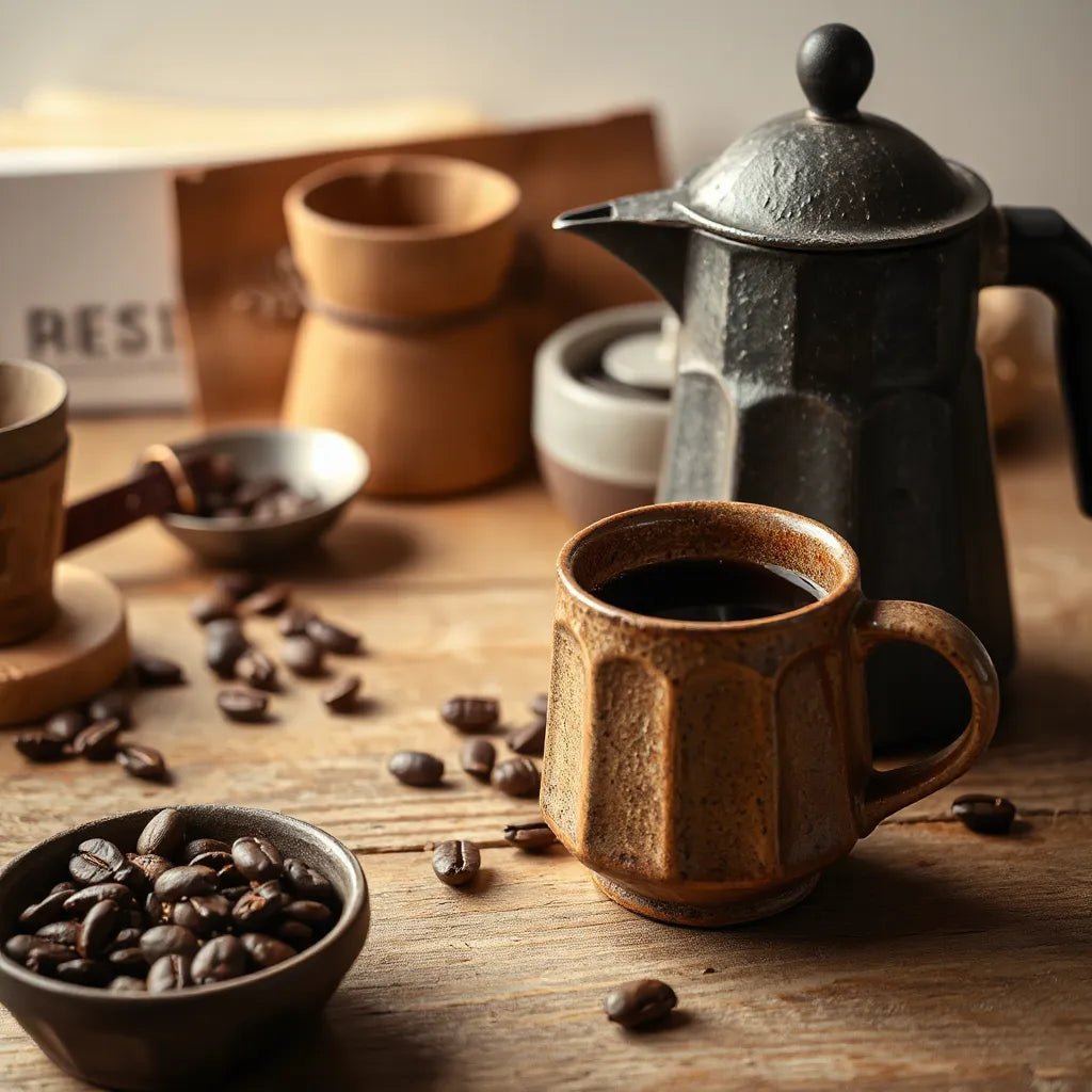 Dark brewed cowboy-style coffee in a mug with coffee beans and a rustic brewing pot on a wooden table