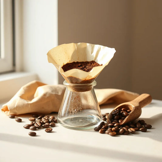 Pour-over brewer with coffee grounds and beans on a wooden surface under warm natural light