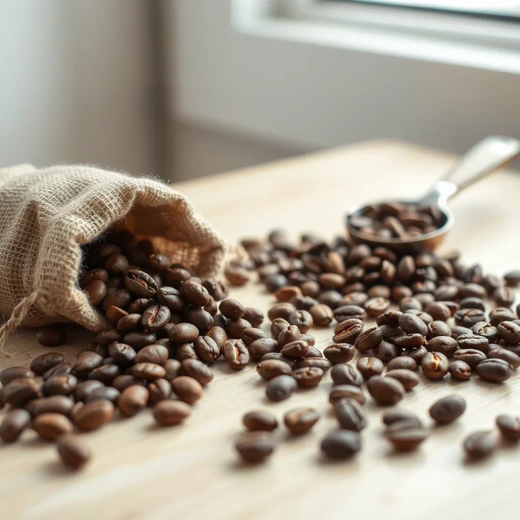 Organic coffee beans and a burlap sack on light wood under soft natural light