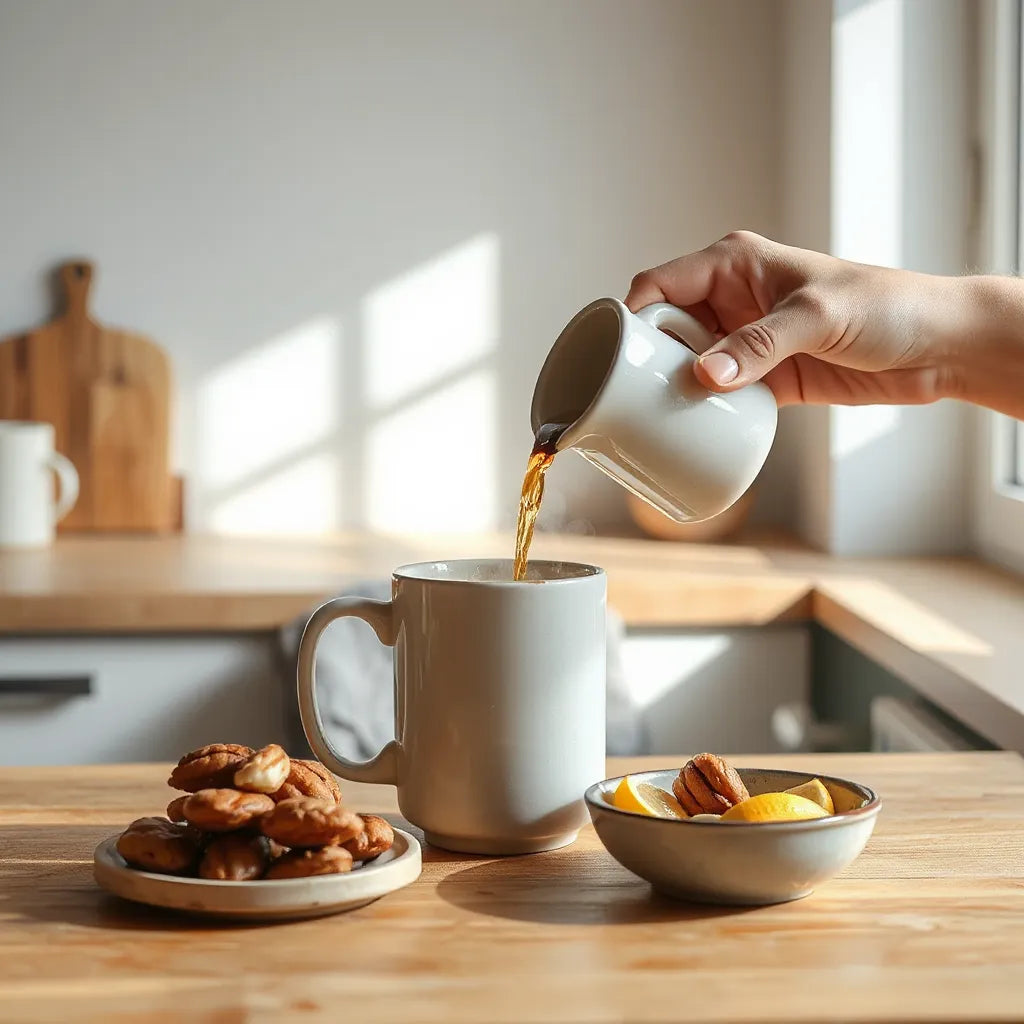 Warm drink being poured beside fresh fruit and nuts in a bright kitchen