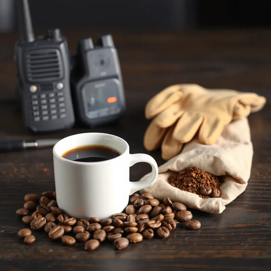 Coffee mug with beans and coffee grounds on a desk near blurred emergency gear