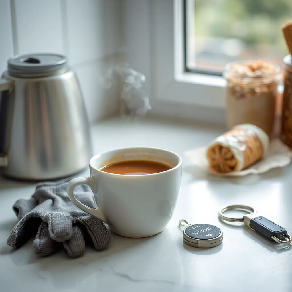 Warm cup of coffee with morning light, steam, and everyday work items in the background