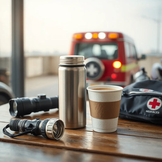 Thermos and fresh coffee cup next to first-aid supplies and a flashlight for quick shift energy