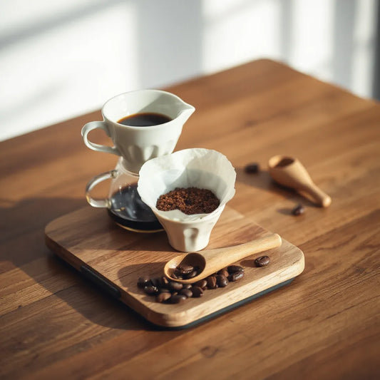 Pour-over dripper with freshly blooming grounds on a wooden table, with a small tray of coffee beans