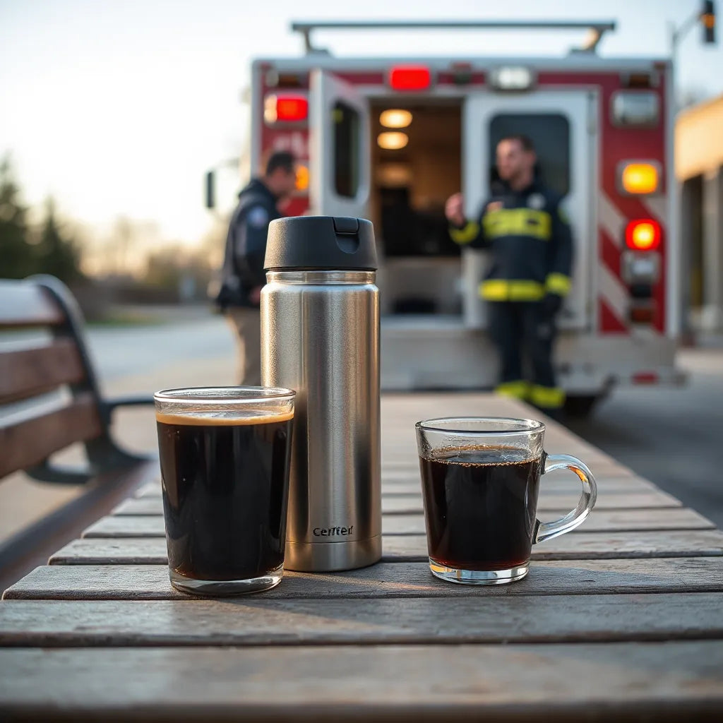 Thermos and takeaway coffee cups beside blurred emergency response gear in early morning light