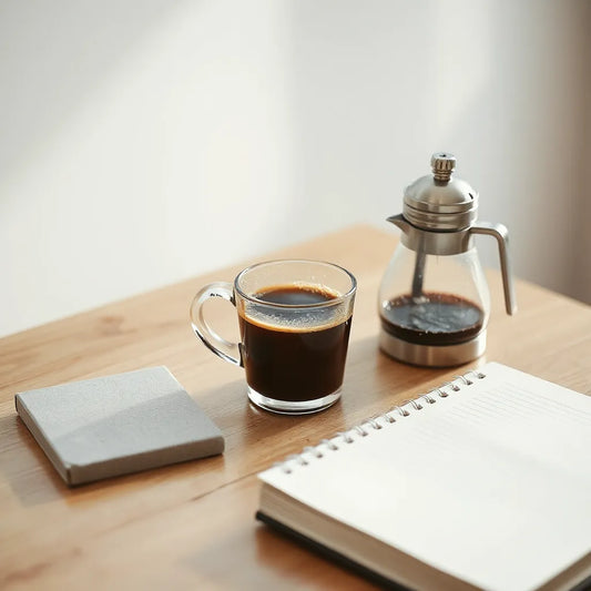 Steaming cup of freshly brewed coffee with pour-over gear and a blank notebook on a wooden table