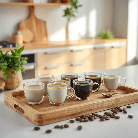 Assorted flavored coffee sample cups on a wooden tray with coffee beans and soft natural light