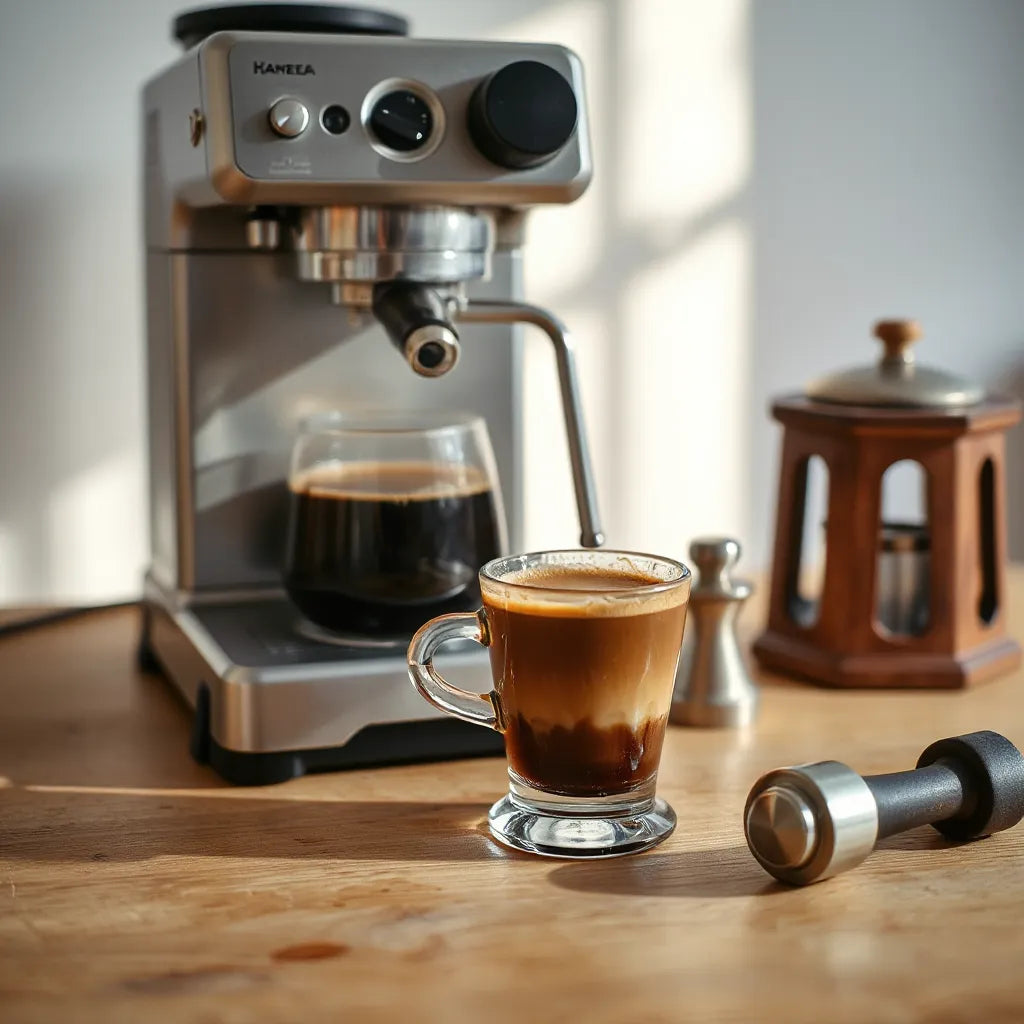 Demitasse cup holding a crema-topped espresso shot beside an espresso machine on a kitchen counter