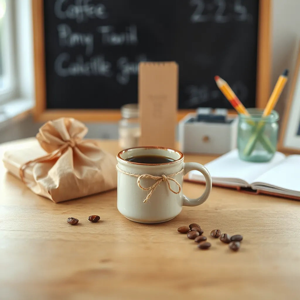 Fresh coffee in a mug with a small gift bag on a desk beside classroom supplies