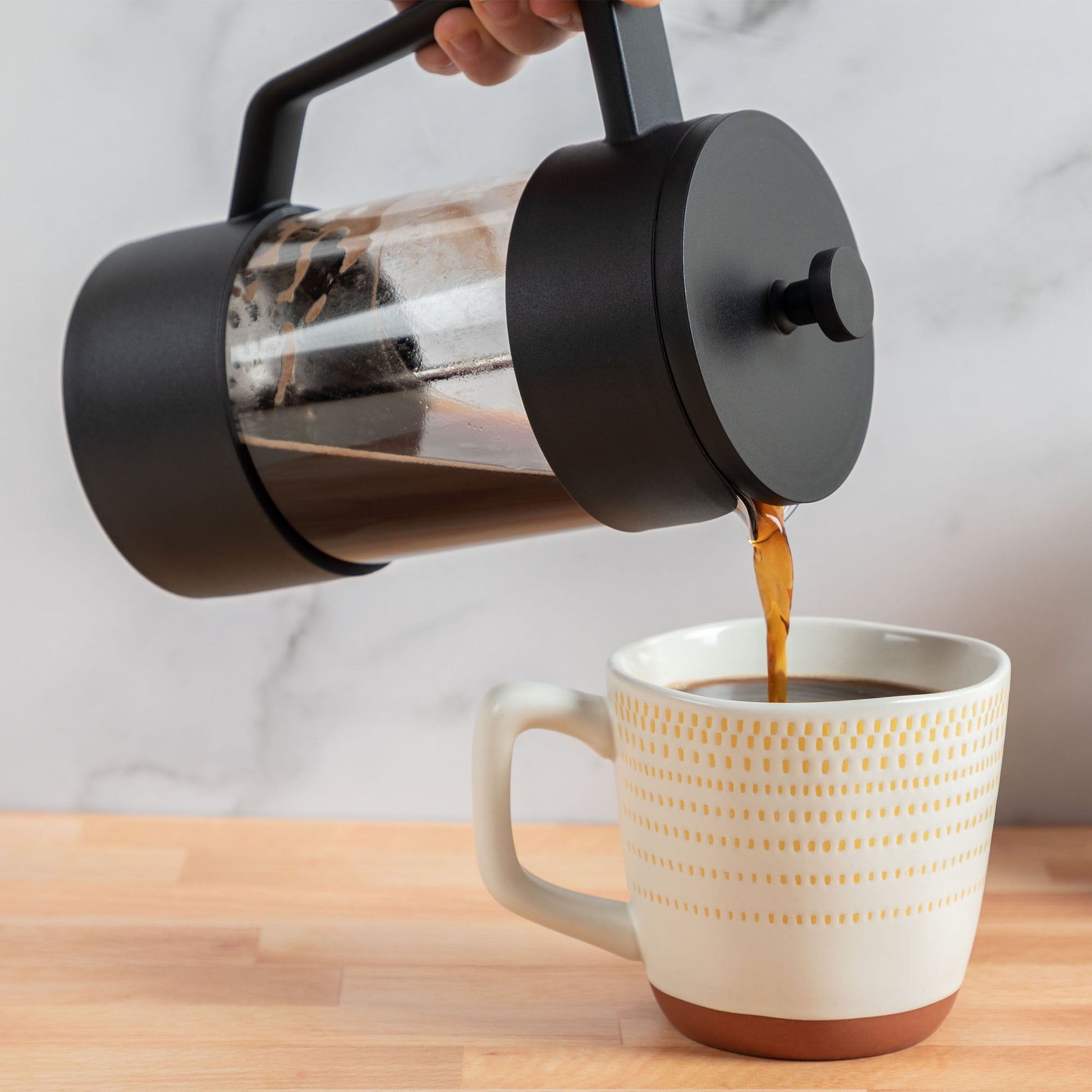 GreaterGood French Press serveware with a "For the Love of Coffee & Paws" design, featuring a glass carafe and stainless steel lid.