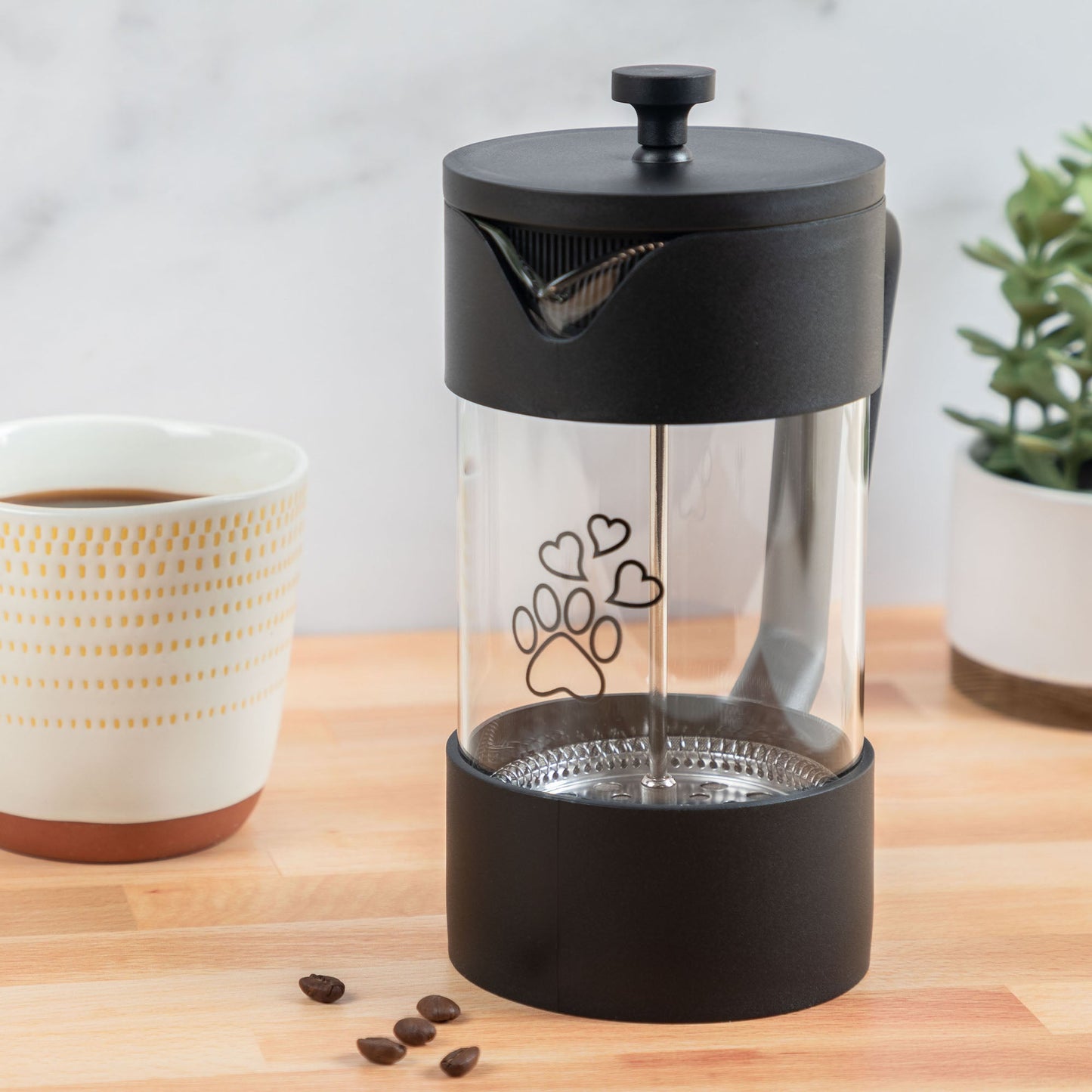 GreaterGood For the Love of Coffee & Paws French Press serveware with a coffee and paw print design, ideal for brewing and serving coffee.