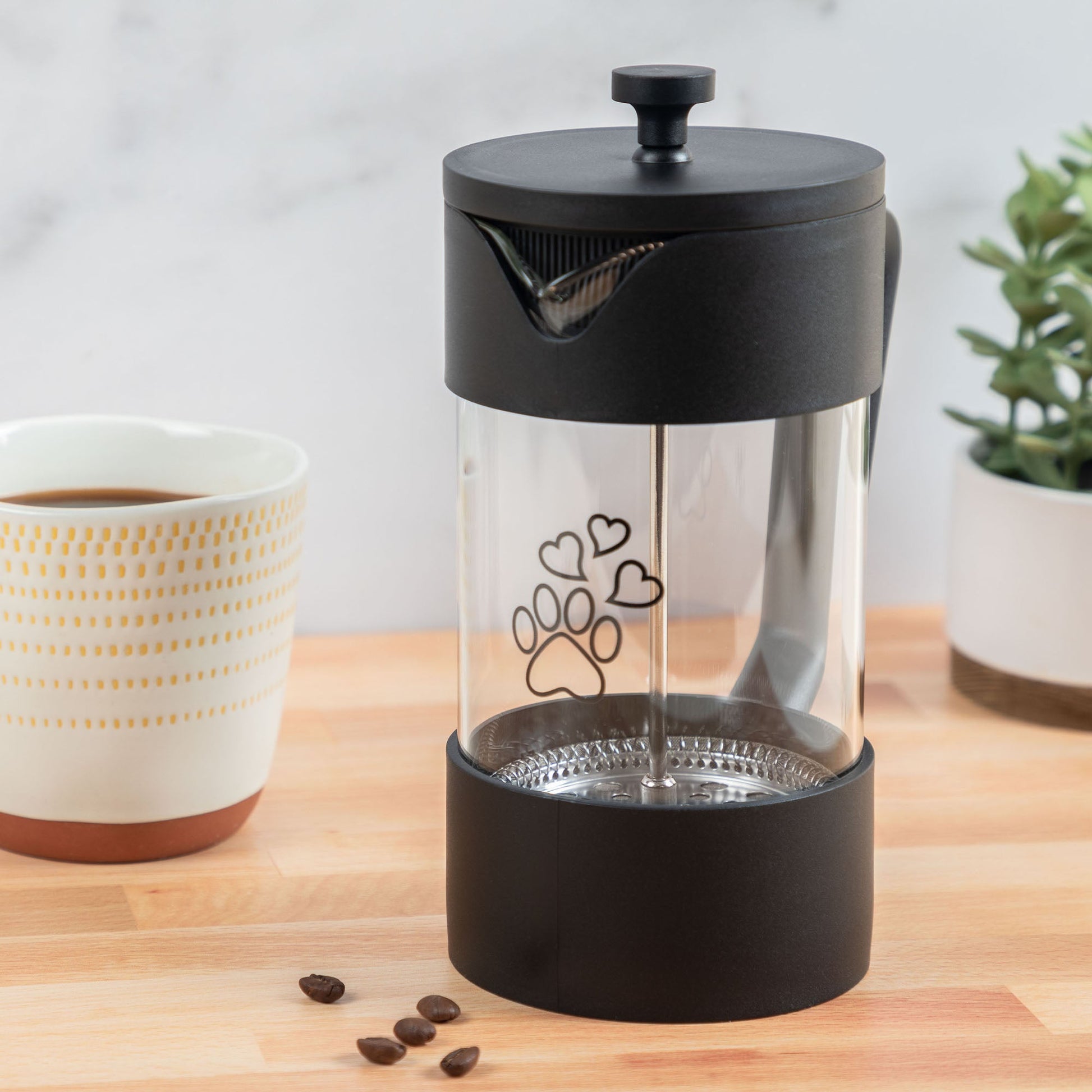 GreaterGood For the Love of Coffee & Paws French Press serveware with a coffee and paw print design, ideal for brewing and serving coffee.