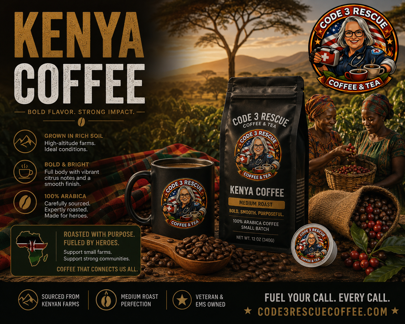 Kenya Code 3 Rescue Coffee and Tea bag featuring Kenyan coffee beans and packaging design with vibrant branding elements.
