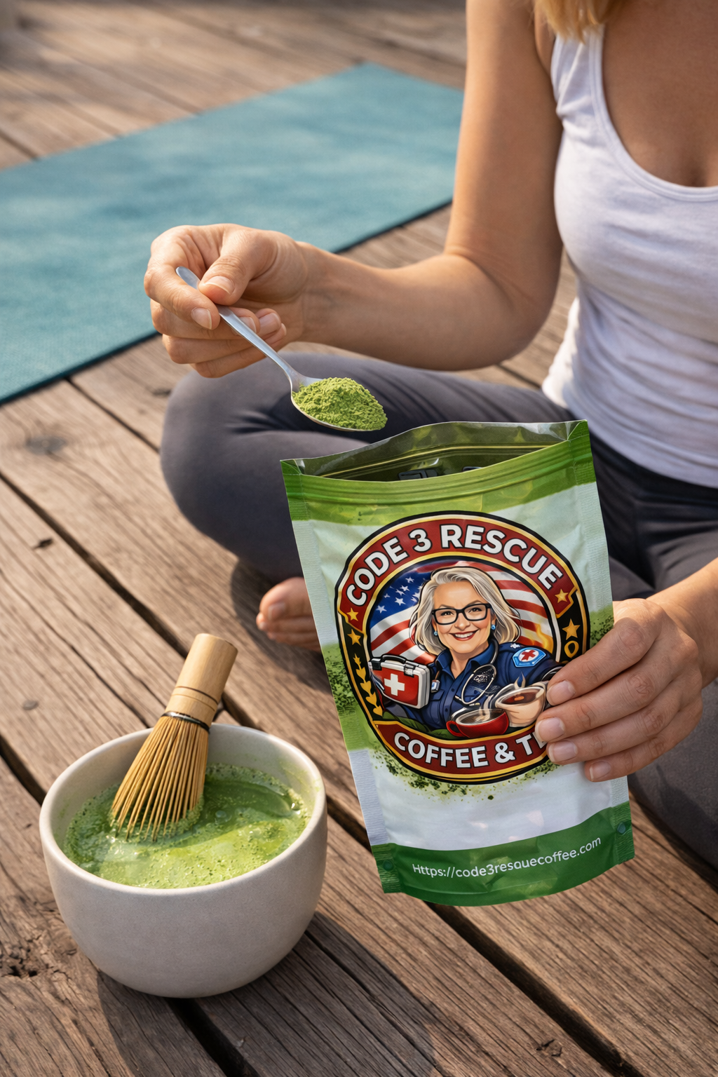 Code 3 Rescue Coffee and Tea Matcha powder in a resealable pouch, showcasing vibrant green matcha on the packaging.