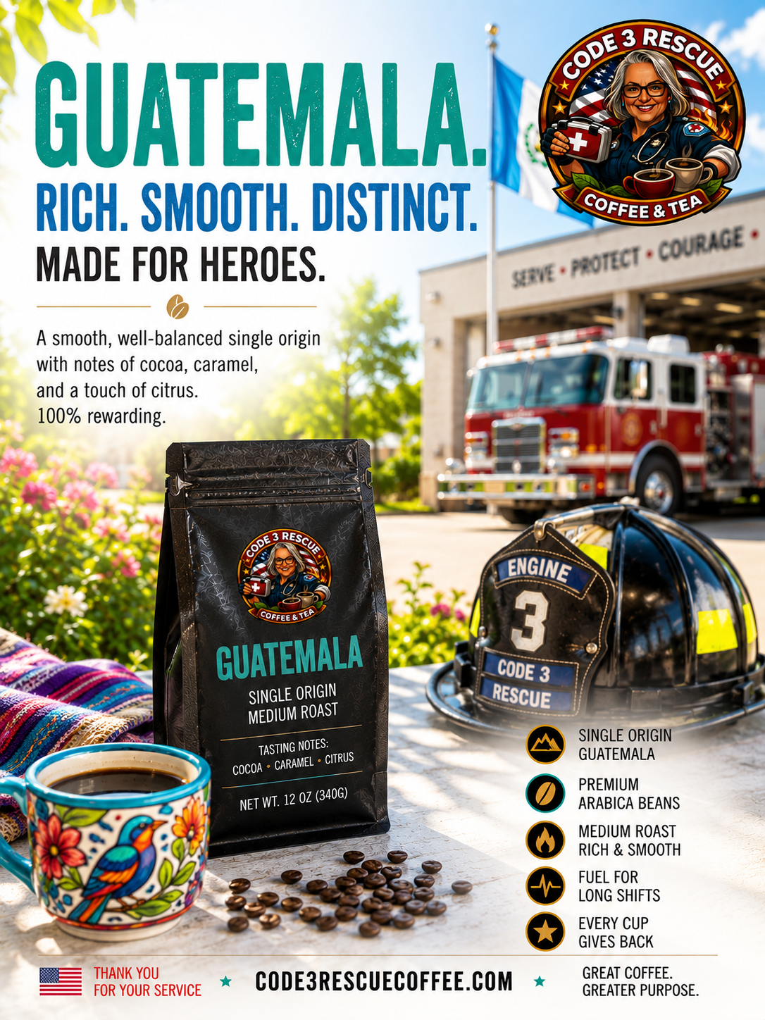 Code 3 Rescue Coffee Guatemala beans displayed with packaging, highlighting the rich coffee product from Guatemala.