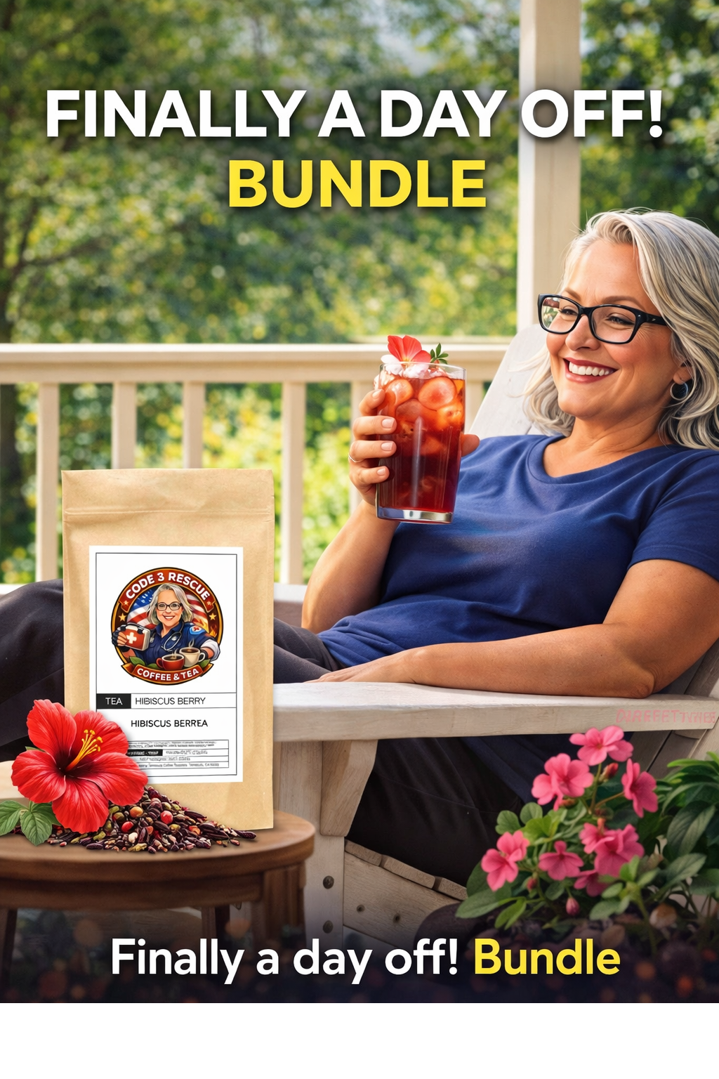 Code 3 Rescue Coffee and Tea's "Finally a Day Off" bundle featuring assorted coffee and tea products for relaxing moments.