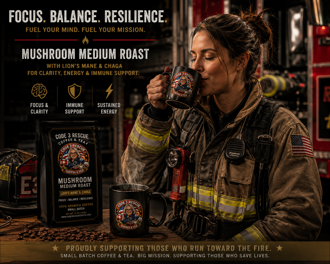 Medium roast coffee with mushroom ingredients from Code 3 Rescue Coffee and Tea, featuring a steaming cup and fresh mushrooms in the background.
