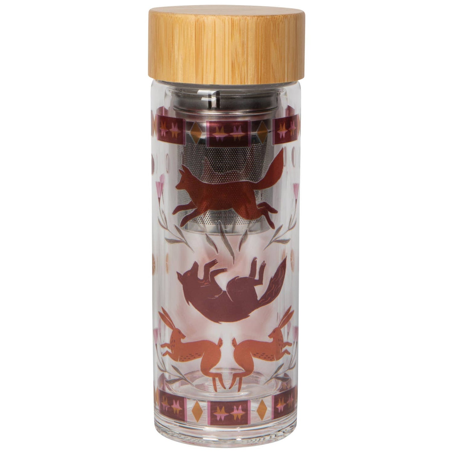 Slowly Danica Studio Folktale glass tea infuser bottle with stainless steel infuser and colorful printed design.