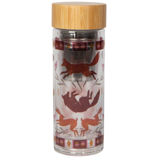 Slowly Danica Studio Folktale glass tea infuser bottle with stainless steel infuser and colorful printed design.