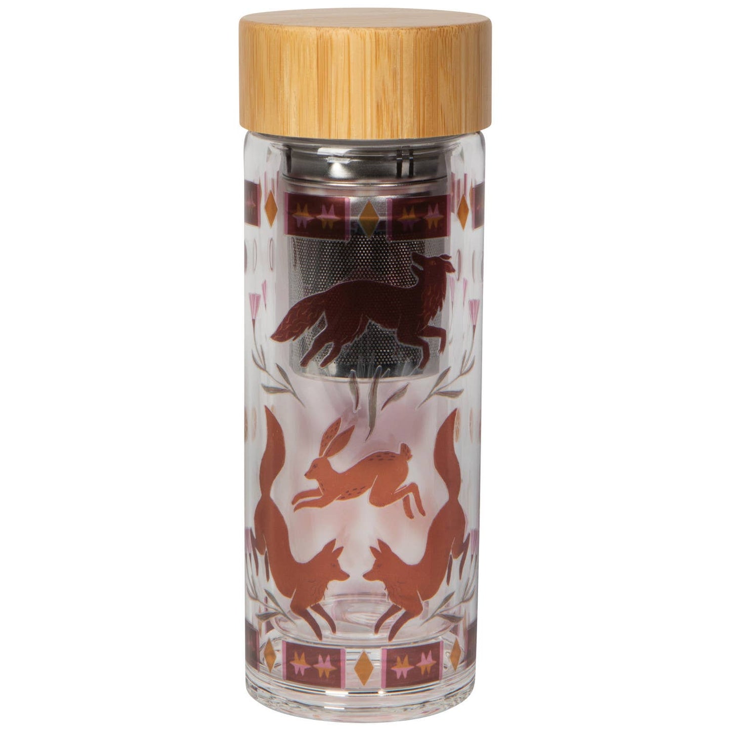 Slowly Danica Studio Folktale glass tea infuser bottle with a clear glass body, stainless steel infuser, and colorful decorative accents.