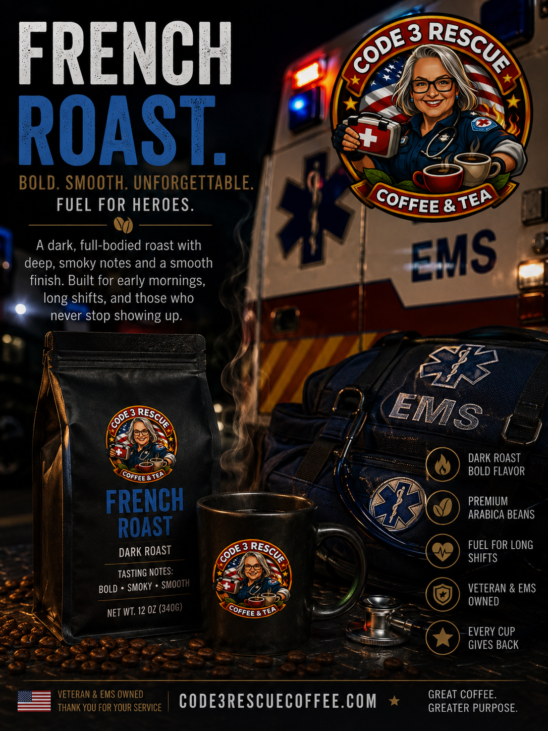 Dark French Roast coffee beans from Code 3 Rescue Coffee and Tea, highlighting their glossy surface and deep, rich color.